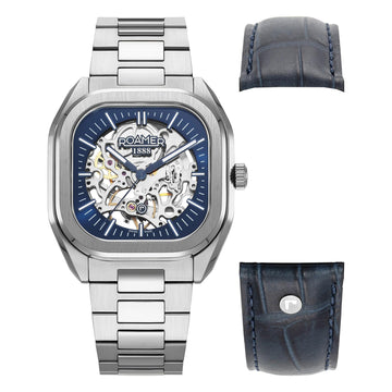 Ανδρικό ρολόι Roamer Mechano 985986-41-45-20 κουρδιστό boxset με ασημί μπρασελέ, μπλε δερμάτινο λουράκι για αλλαγή & μπλε καντράν 39.5mm.